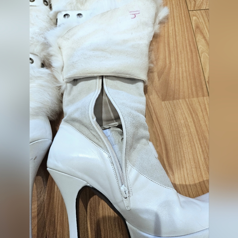 RARE Y2K El Dantes Platform Knee High Boots White Rabbit Fur Chunky EU 41 US 10 - Picture 10 of 16